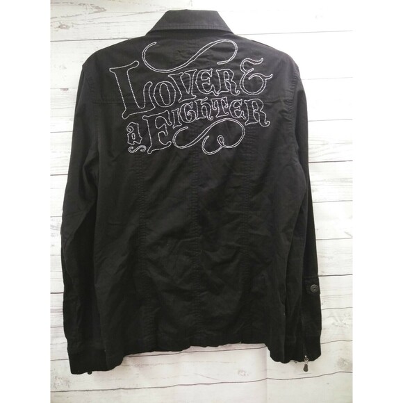 Tankfarm Mens Shirt Jacket Button Front Long Sleeve Black Lover & a Figthter M - Picture 1 of 10